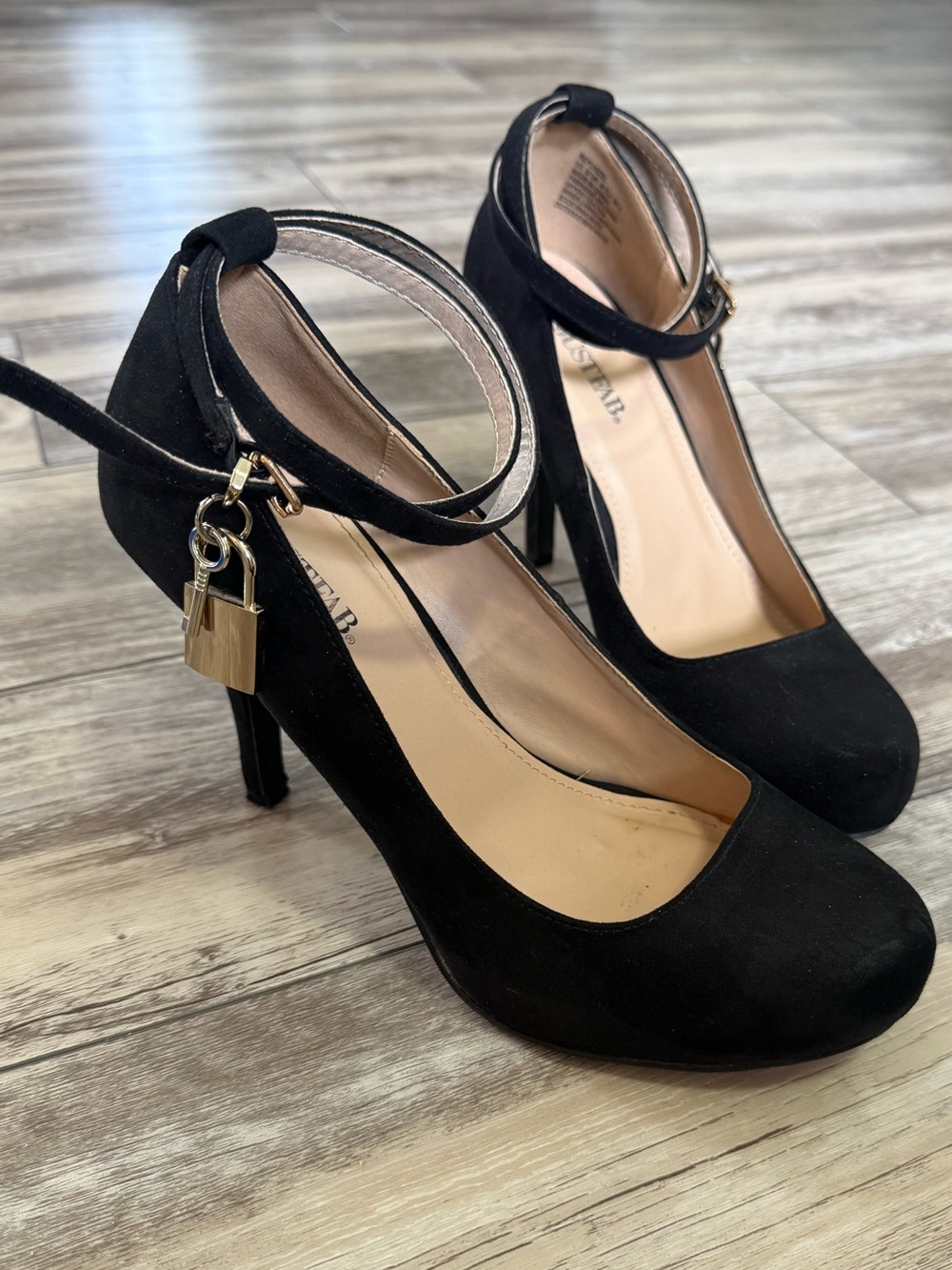 JustFab Black Suede Ankle-Strap High Heels with Gold Padlock Charm